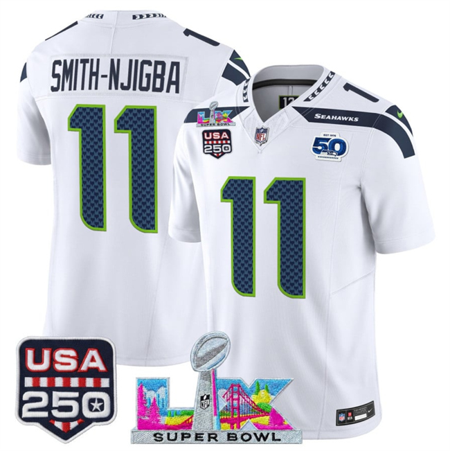 Men's Seattle Seahawks #11 Jaxon Smith-Njigba White 2026 F.U.S.E. Super Bowl LX Patch And 50th Season & USA 250' Patch Vapor Limited Football Stitched Jersey
