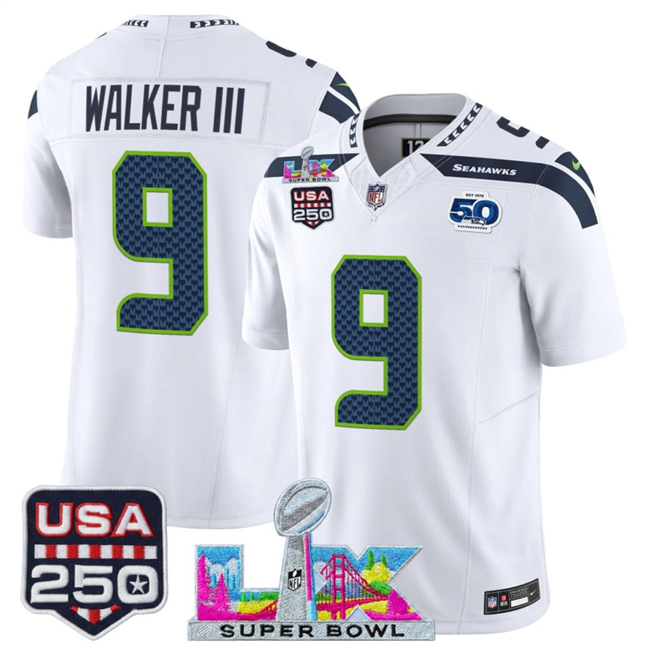 Men's Seattle Seahawks #9 Kenneth Walker III White 2026 F.U.S.E. Super Bowl LX Patch And 50th Season & USA 250' Patch Vapor Limited Football Stitched Jersey