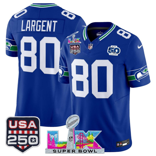 Men's Seattle Seahawks #80 Steve Largent Royal 2026 F.U.S.E. Super Bowl LX Patch And 50th Season & USA 250' Patch Vapor Throwback Limited Stitched Football Jersey