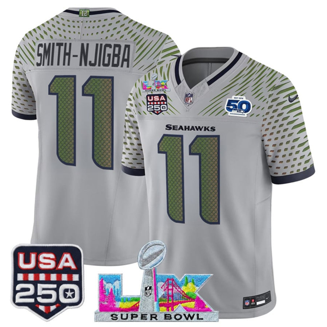 Men's Seattle Seahawks #11 Jaxon Smith-Njigba Gray 2026 F.U.S.E. Super Bowl LX & US 250th Anniversary Patch And 50th Season Patch “Rivalries” Vapor Limited Football Stitched Jersey