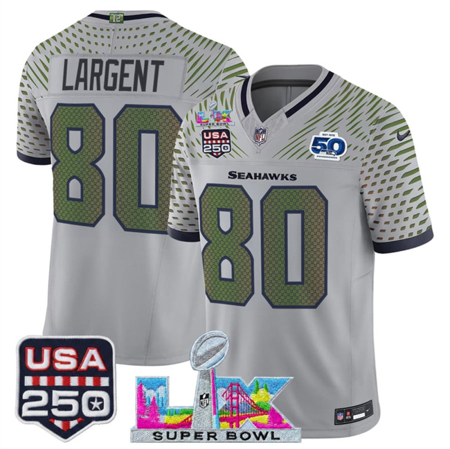 Men's Seattle Seahawks #80 Steve Largent Gray 2026 F.U.S.E. Super Bowl LX & US 250th Anniversary Patch And 50th Season Patch “Rivalries” Vapor Limited Football Stitched Jersey