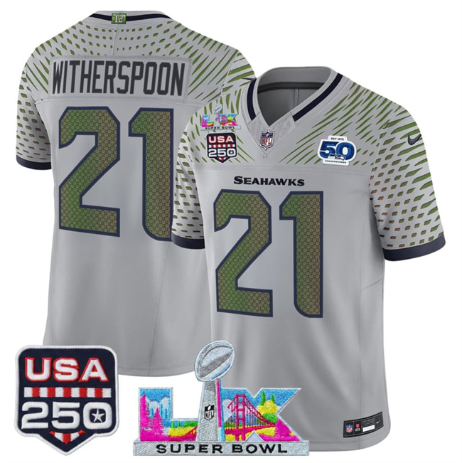 Men's Seattle Seahawks #21 Devon Witherspoon Gray 2026 F.U.S.E. Super Bowl LX & US 250th Anniversary Patch And 50th Season Patch “Rivalries” Vapor Limited Football Stitched Jersey