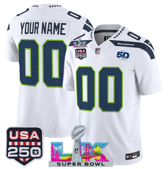 Men's Seattle Seahawks Active Player Custom White 2026 F.U.S.E. Super Bowl LX & US 250th Anniversary Patch And 50th Season Patch Vapor Limited Football Stitched Jersey