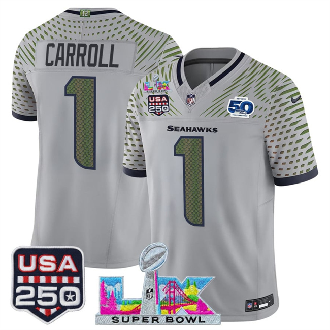 Men's Seattle Seahawks #1 Pete Carroll Gray 2026 F.U.S.E. Super Bowl LX & US 250th Anniversary Patch And 50th Season Patch “Rivalries” Vapor Limited Football Stitched Jersey