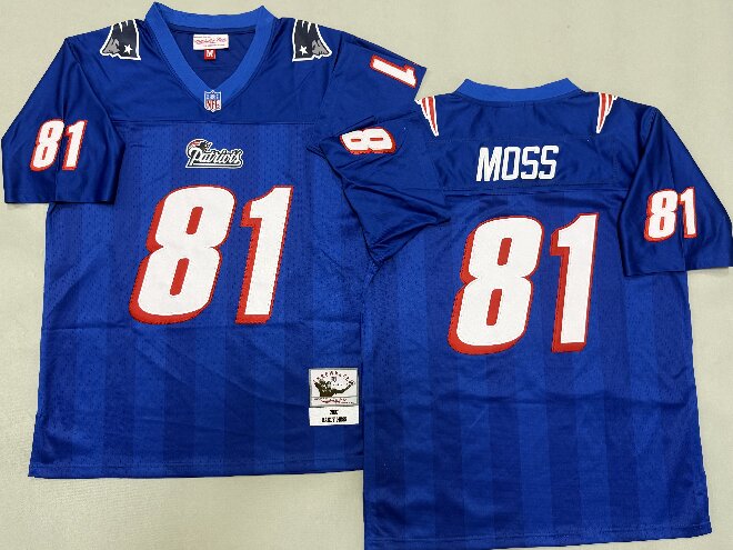 Men's New England Patriots #81 Randy Moss Royal Split Two Tone Throwback Jersey