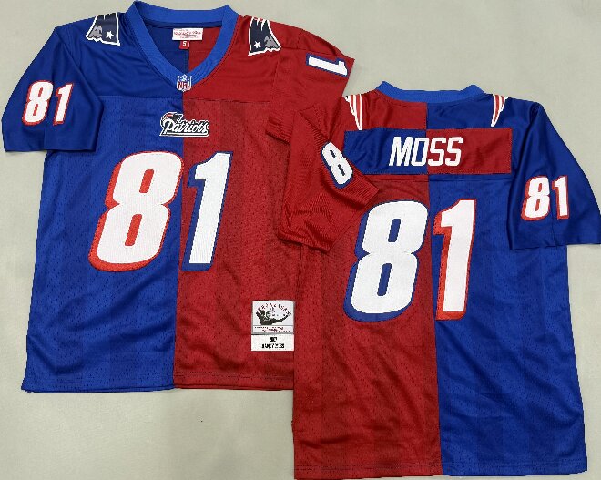 Men's New England Patriots #81 Randy Moss Royal Red Split Two Tone Throwback Jersey