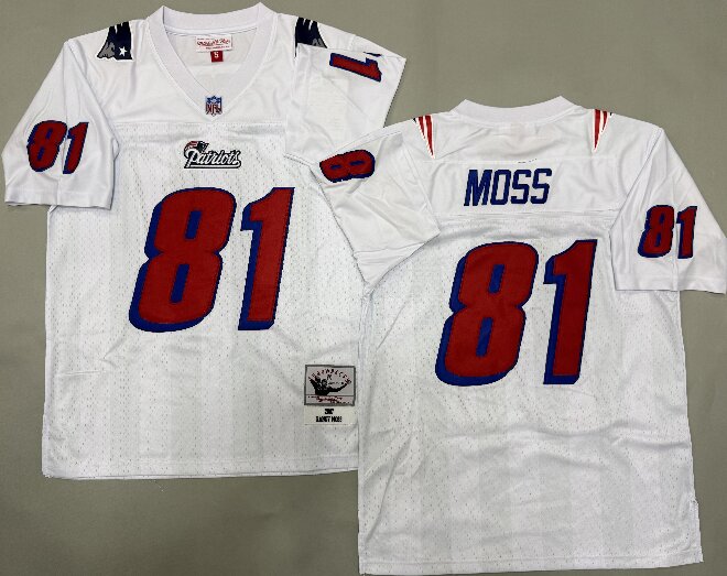 Men's New England Patriots #81 Randy Moss 2007 White Red Throwback Vintage Jersey