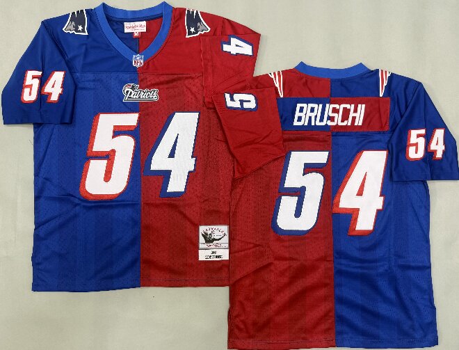 Men's New England Patriots #54 Tedy Bruschi 1996 Royal Red Split Two Tone Throwback Jersey