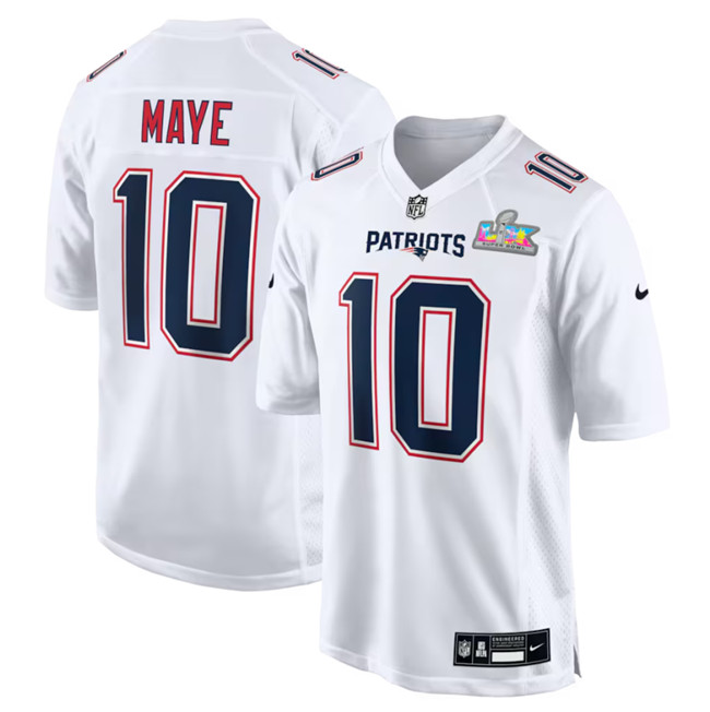 Men's New England Patriots #10 Drake Maye White 2026 Super Bowl LX Patch Tundra Fashion Stitched Game Jersey