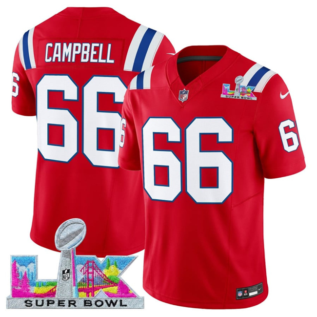 Men's New England Patriots #66 Will Campbell Red 2026 F.U.S.E. Super Bowl LX Patch Vapor Limited Stitched Football Jersey