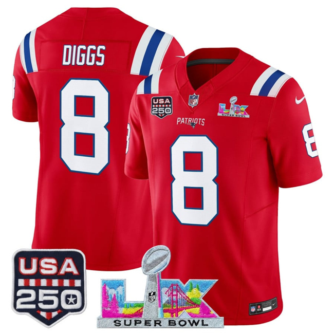 Men's New England Patriots #8 Stefon Diggs Red 2026 F.U.S.E. Super Bowl LX Patch And USA 250' Patch Vapor Limited Football Stitched Jersey