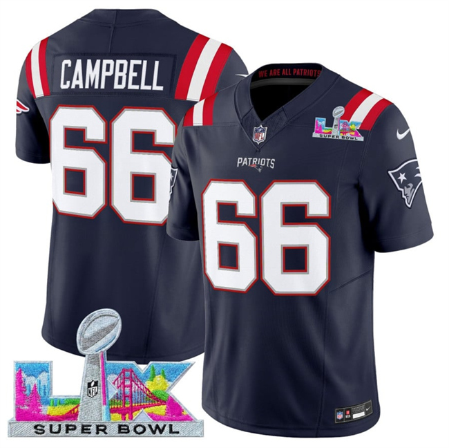 Men's New England Patriots #66 Will Campbell Navy 2026 F.U.S.E. Super Bowl LX Patch Vapor Limited Stitched Football Jersey