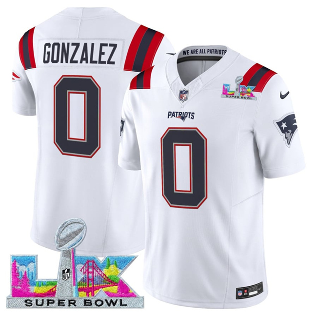 Men's New England Patriots #0 Christian Gonzalez White 2026 F.U.S.E. Super Bowl LX Patch Vapor Limited Stitched Football Jersey
