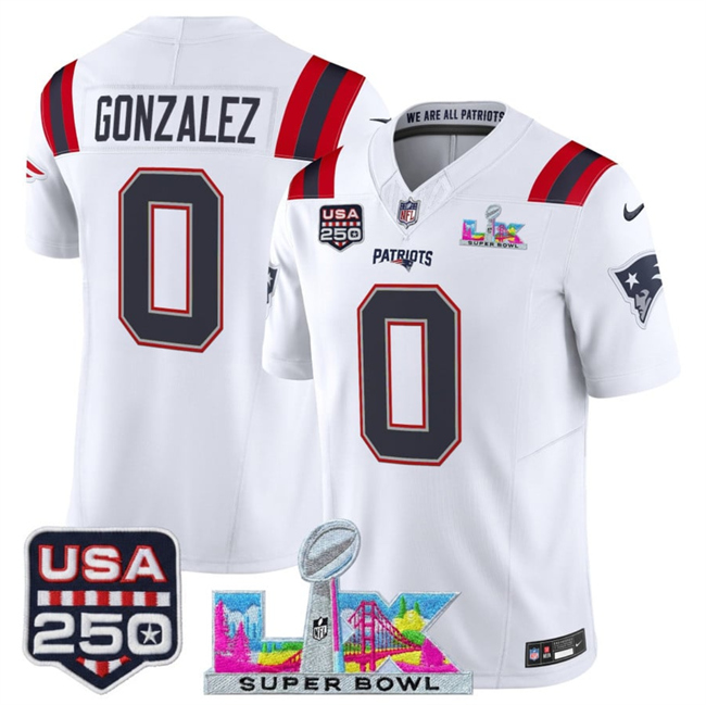 Men's New England Patriots #0 Christian Gonzalez White 2026 F.U.S.E. Super Bowl LX Patch And USA 250' Patch Vapor Limited Football Stitched Jersey