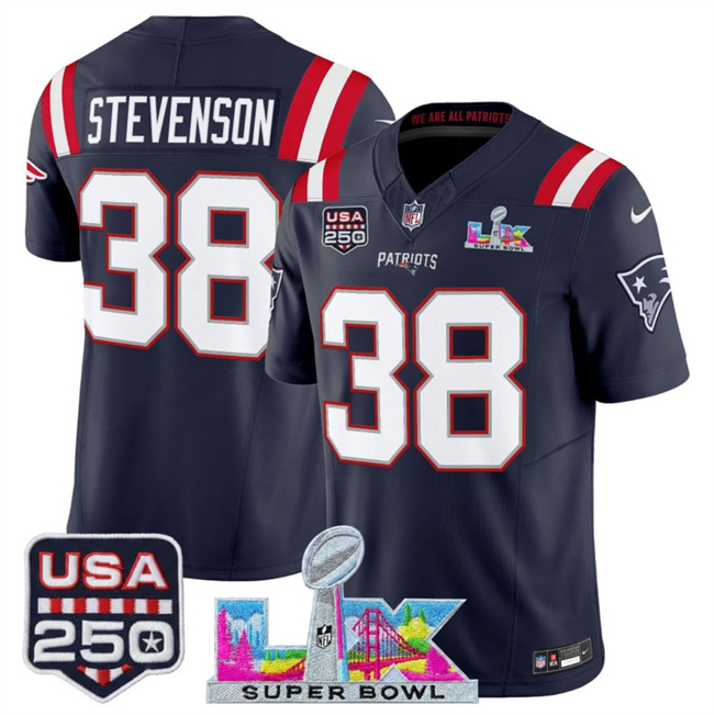 Men's New England Patriots #38 Rhamondre Stevenson Navy 2026 F.U.S.E. Super Bowl LX Patch And USA 250' Patch Vapor Limited Football Stitched Jersey