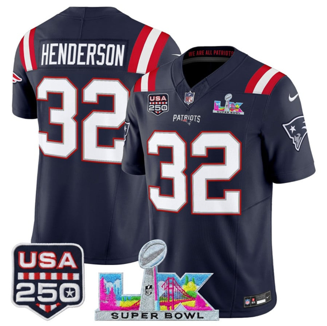 Men's New England Patriots #32 TreVeyon Henderson Navy 2026 F.U.S.E. Super Bowl LX Patch And USA 250' Patch Vapor Limited Football Stitched Jersey