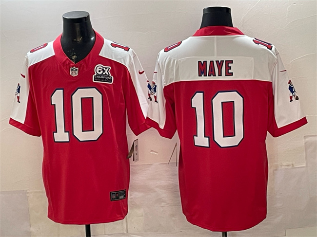 Men's New England Patriots #10 Drake Maye Red Alternate F.U.S.E. With 6x Super Bowl Champions Patch Throwback Vapor Limited Stitched Football Jersey