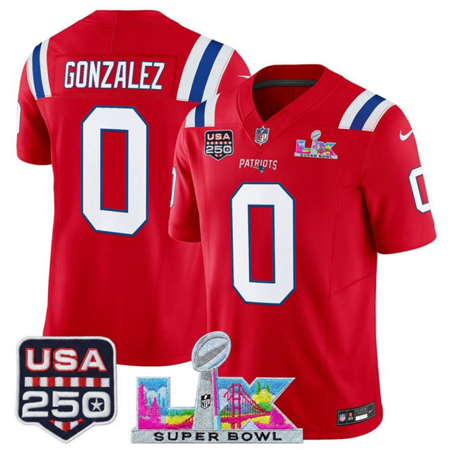 Men's New England Patriots #0 Christian Gonzalez Red 2026 F.U.S.E. Super Bowl LX Patch And USA 250' Patch Vapor Limited Football Stitched Jersey