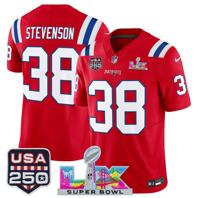 Men's New England Patriots #38 Rhamondre Stevenson Red 2026 F.U.S.E. Super Bowl LX Patch And USA 250' Patch Vapor Limited Football Stitched Jersey