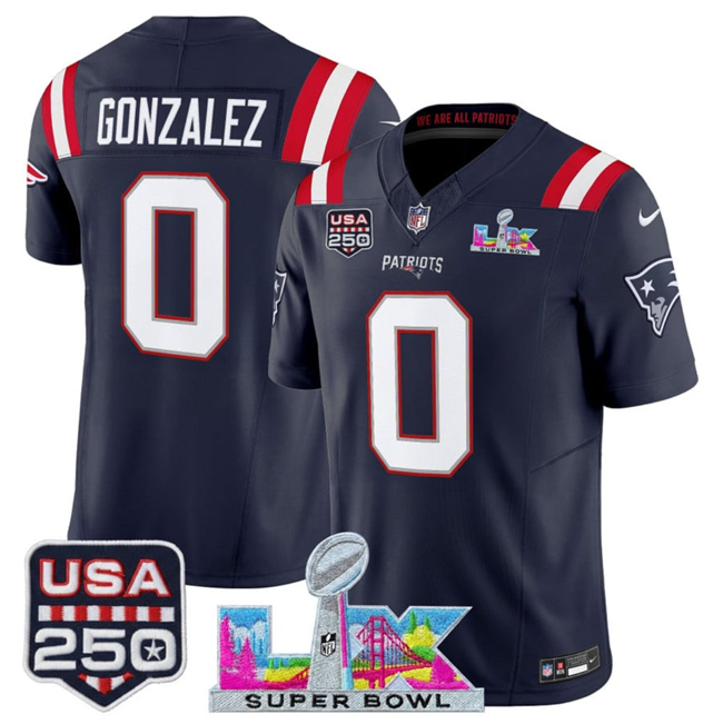 Men's New England Patriots #0 Christian Gonzalez Navy 2026 F.U.S.E. Super Bowl LX Patch And USA 250' Patch Vapor Limited Football Stitched Jersey