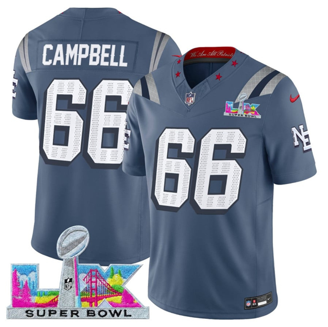 Men's New England Patriots #66 Will Campbell Storm Blue 2026 F.U.S.E. Super Bowl LX Patch “Rivalries” Vapor Limited Stitched Football Jersey