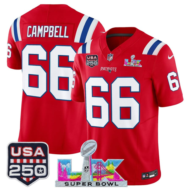 Men's New England Patriots #66 Will Campbell Red 2026 F.U.S.E. Super Bowl LX Patch And USA 250' Patch Vapor Limited Football Stitched Jersey