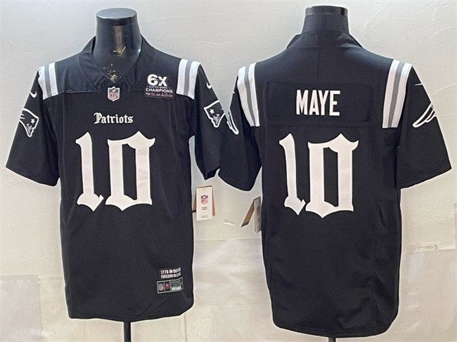 Men's New England Patriots #10 Drake Maye Black F.U.S.E. With 6x Super Bowl Champions Patch Gothic Revolution Edition Stitched Football Jersey