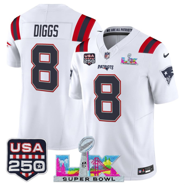 Men's New England Patriots #8 Stefon Diggs White 2026 F.U.S.E. Super Bowl LX Patch And USA 250' Patch Vapor Limited Football Stitched Jersey