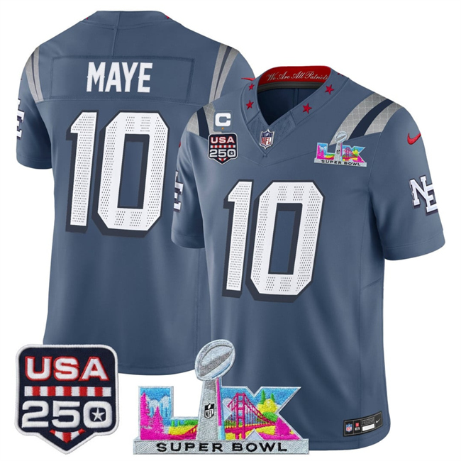 Men's New England Patriots #10 Drake Maye Storm Blue 2026 F.U.S.E. 1-Star C Patch And Super Bowl LX Patch & USA 250' Patch “Rivalries” Vapor Limited Football Stitched Jersey