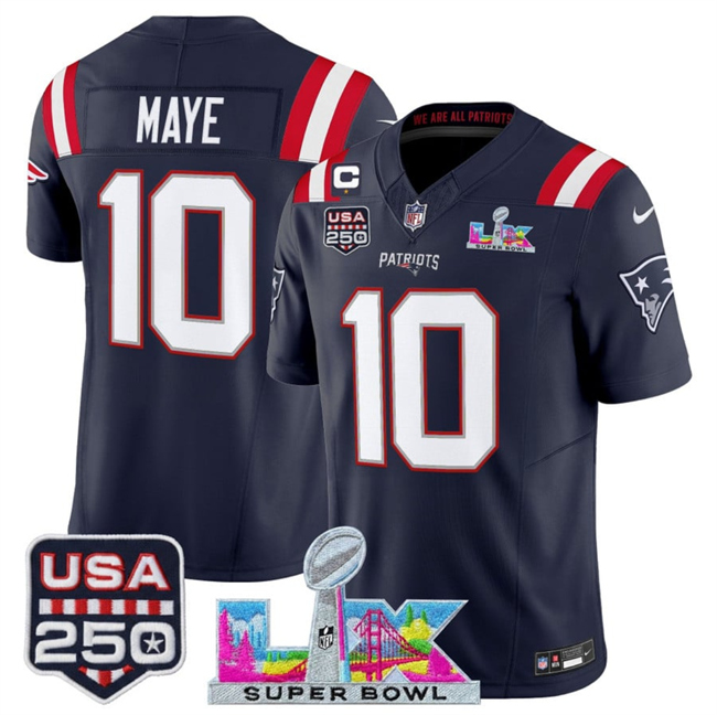 Men's New England Patriots #10 Drake Maye Navy 2026 F.U.S.E. 1-Star C Patch And Super Bowl LX Patch & USA 250' Patch Vapor Limited Football Stitched Jersey