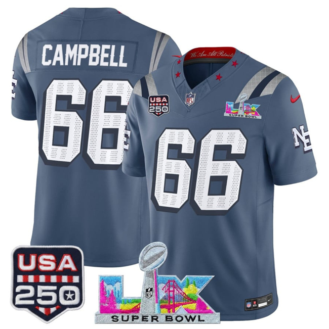 Men's New England Patriots #66 Will Campbell Storm Blue 2026 F.U.S.E. Super Bowl LX & USA 250' Patch “Rivalries” Vapor Limited Football Stitched Jersey