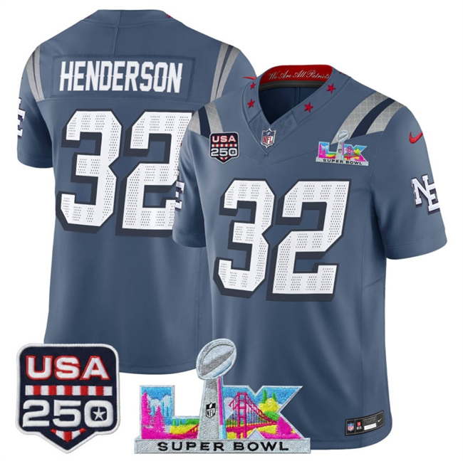 Men's New England Patriots #32 TreVeyon Henderson Storm Blue 2026 F.U.S.E. Super Bowl LX & USA 250' Patch “Rivalries” Vapor Limited Football Stitched Jersey
