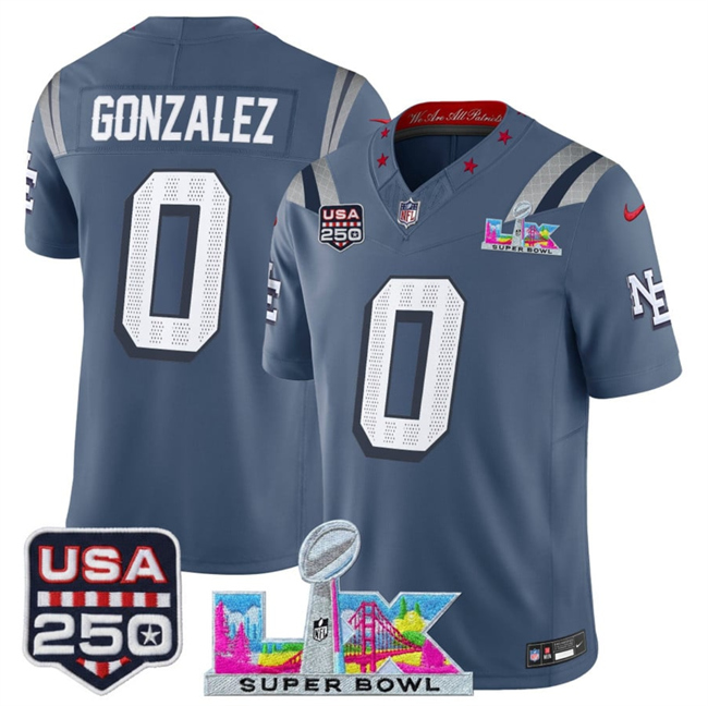 Men's New England Patriots #0 Christian Gonzalez Storm Blue 2026 F.U.S.E. Super Bowl LX & USA 250' Patch “Rivalries” Vapor Limited Football Stitched Jersey