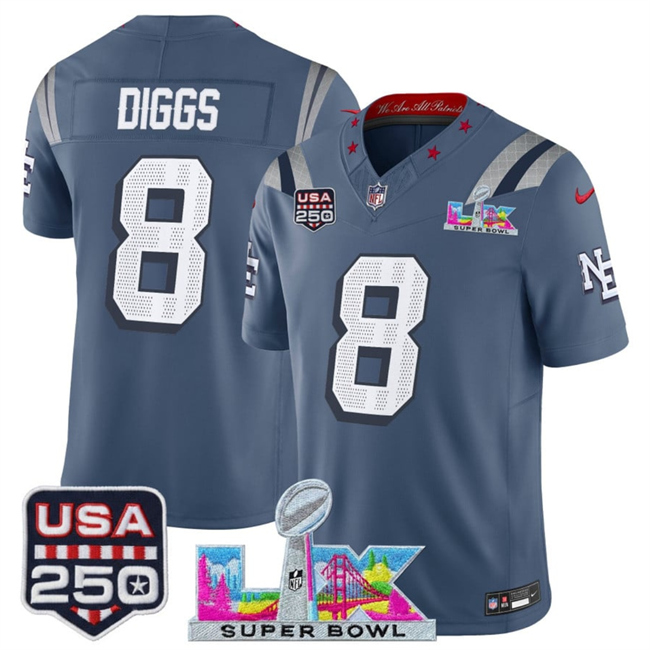 Men's New England Patriots #8 Stefon Diggs Storm Blue 2026 F.U.S.E. Super Bowl LX & USA 250' Patch “Rivalries” Vapor Limited Football Stitched Jersey