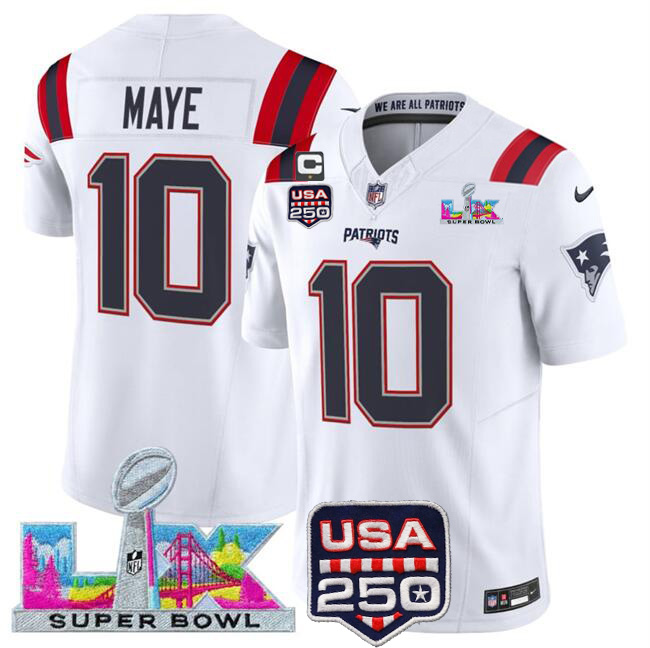 Men's New England Patriots #10 Drake Maye White 2026 F.U.S.E. 1-Star C Patch And Super Bowl LX Patch & USA 250' Patch Vapor Limited Football Stitched Jersey