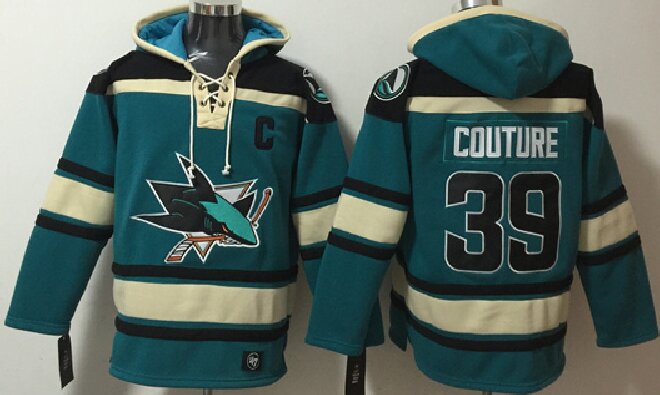 Men's San Jose Sharks #39 Logan Couture Teal Lace-Up Pullover Hoodie