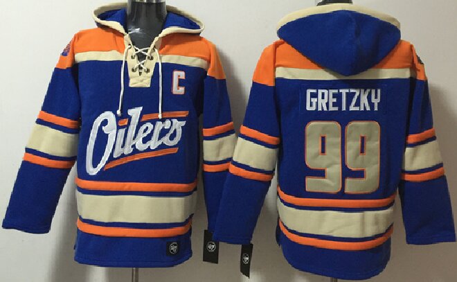 Men's Edmonton Oilers #99 Wayne Gretzky Blue Lace-Up Pullover Hoodie