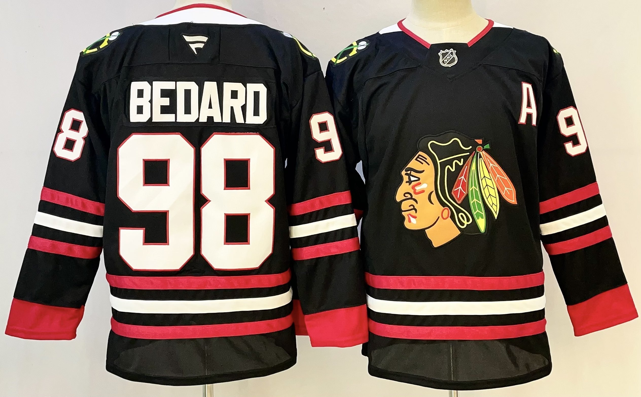 Men's Chicago Blackhawks #98 Connor Bedard Black With A Patch Stitched Hockey Jersey