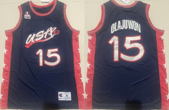 Men's USA Basketball #15 Hakeem Olajuwon Navy Stitched Jersey