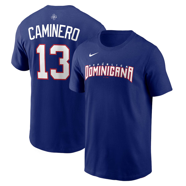 Men's Dominican Republic Baseball #13 Junior Caminero Royal 2026 World Baseball Classic Name & Number T-Shirt