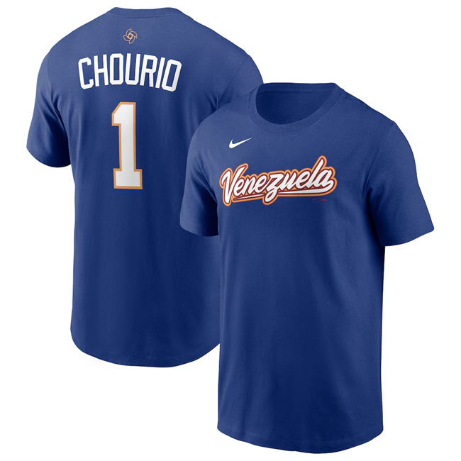 Men's Venezuela Baseball #1 Jackson Chourio Royal 2026 World Baseball Classic Name & Number T-Shirt