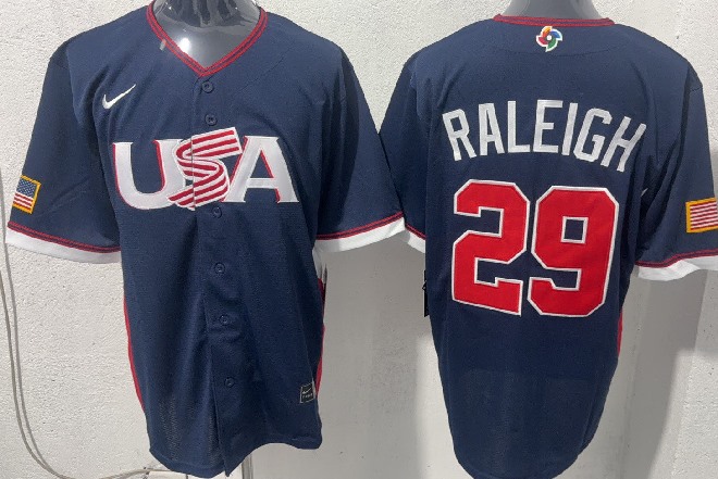Men's USA Baseball #29 Cal Raleigh Navy 2026 World Baseball Classic Stadium Stitched Baseball Jersey