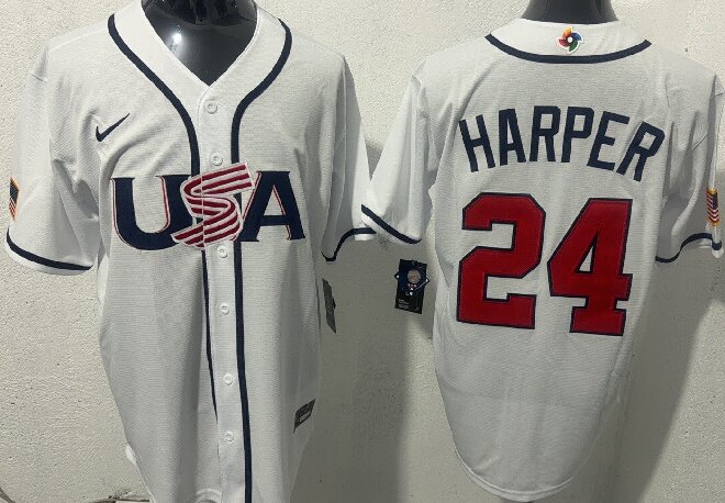 Men's USA Baseball #24 Bryce Harper White 2026 World Baseball Classic Road Stadium Stitched Jersey