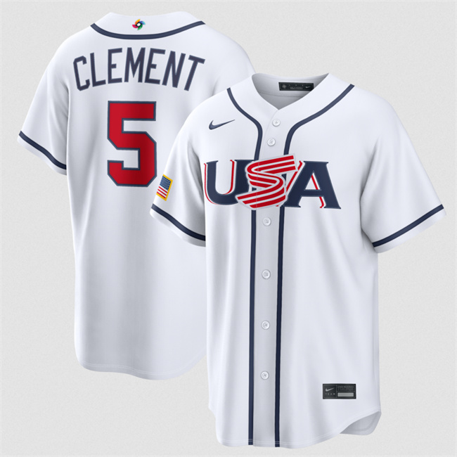 Men's USA Baseball #5 Ernie Clement White 2026 World Baseball Classic Home Stadium Stitched Jersey