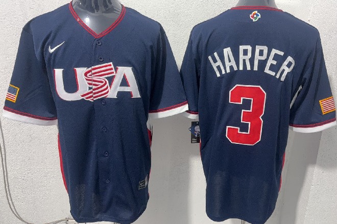 Men's USA Baseball #3 Bryce Harper Navy 2026 World Baseball Classic Stadium Stitched Baseball Jersey