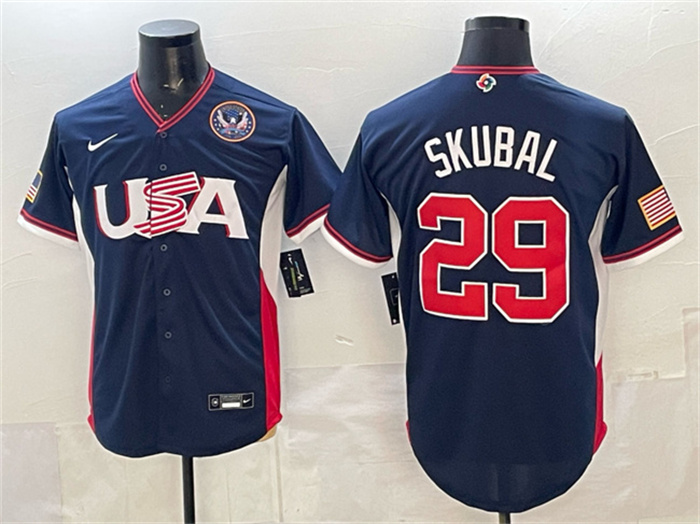 Men's USA Baseball #29 Tarik Skubal Navy 2026 World Baseball Classic United States 250th Anniversary Patch Road Stadium Stitched Jersey