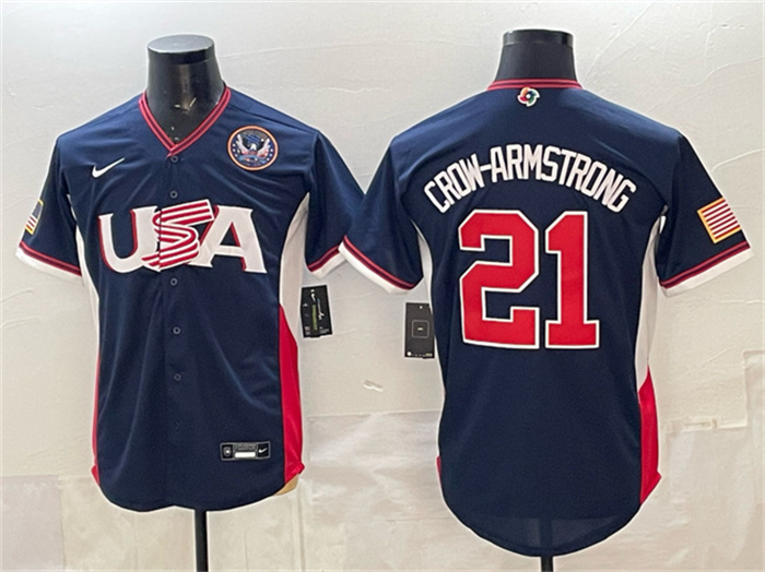 Men's USA Baseball #21 Crow-Armstrong Navy 2026 World Baseball Classic United States 250th Anniversary Patch Road Stadium Stitched Jersey