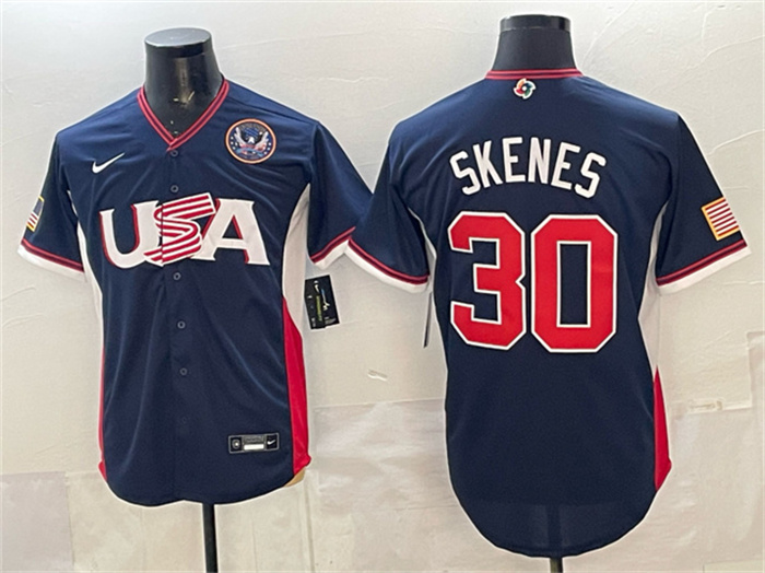 Men's USA Baseball #30 Paul Skenes Navy 2026 World Baseball Classic United States 250th Anniversary Patch Road Stadium Stitched Jersey