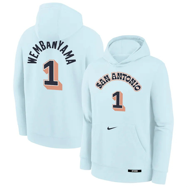 Men's San Antonio Spurs #1 Victor Wembanyama Light Blue 2025 City Edition Fleece Club Pullover Hoodie