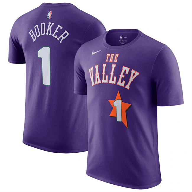 Men's Phoenix Suns #1 Devin Booker Purple 2025 City Edition Name & Number T-Shirt